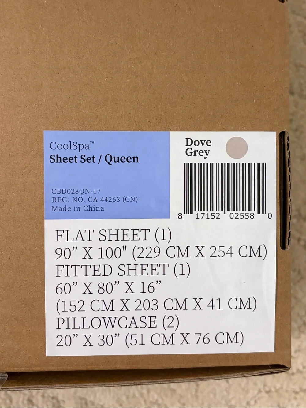 NWT: Comphy by Coop CoolSpa Queen Sheet Set Dove Grey